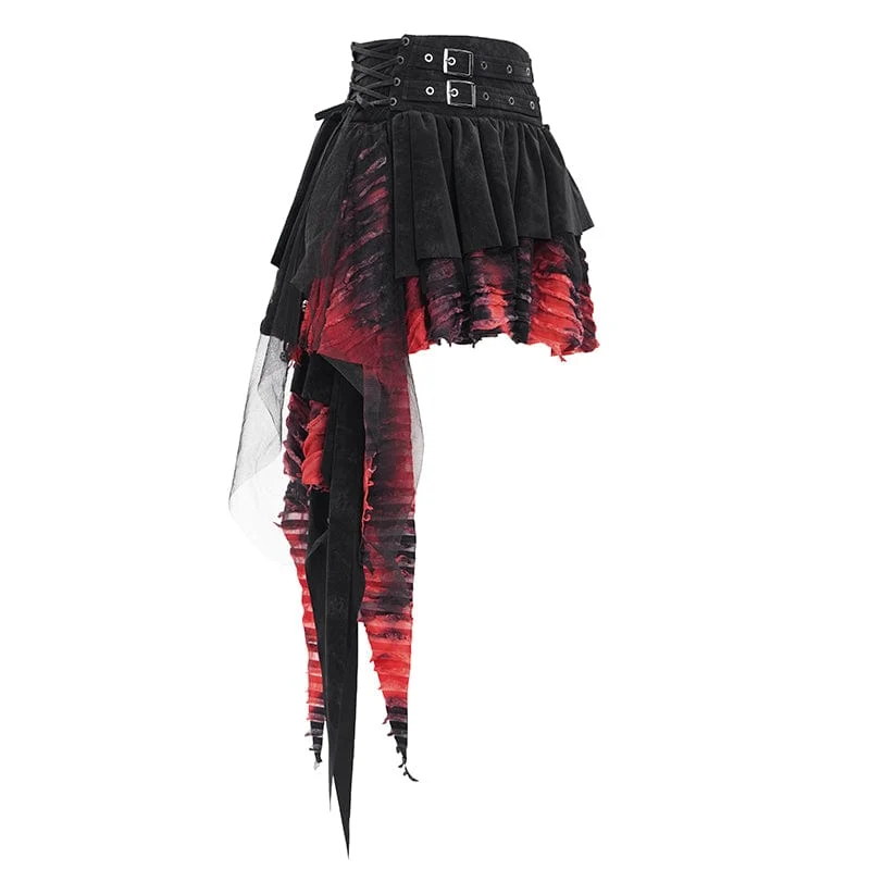 Damen Gothic Ösen Mesh Unregelmäßiger Saum Rock Schwarz Rot