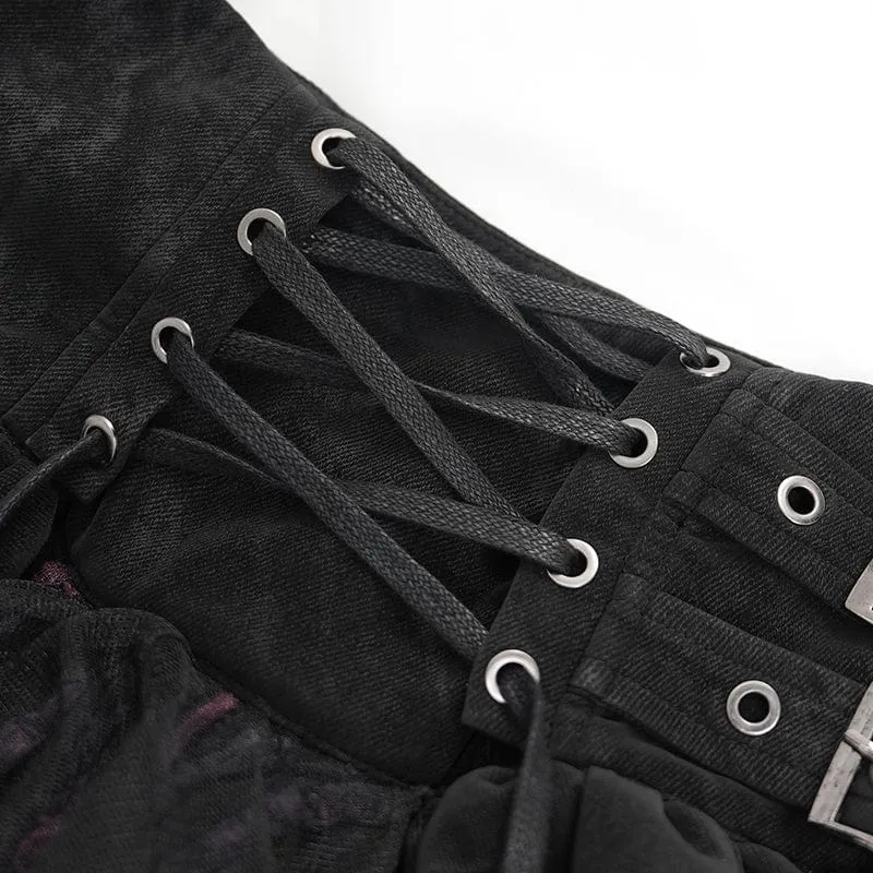 Damen Gothic Ösen Mesh Unregelmäßiger Saum Rock Schwarz Rot