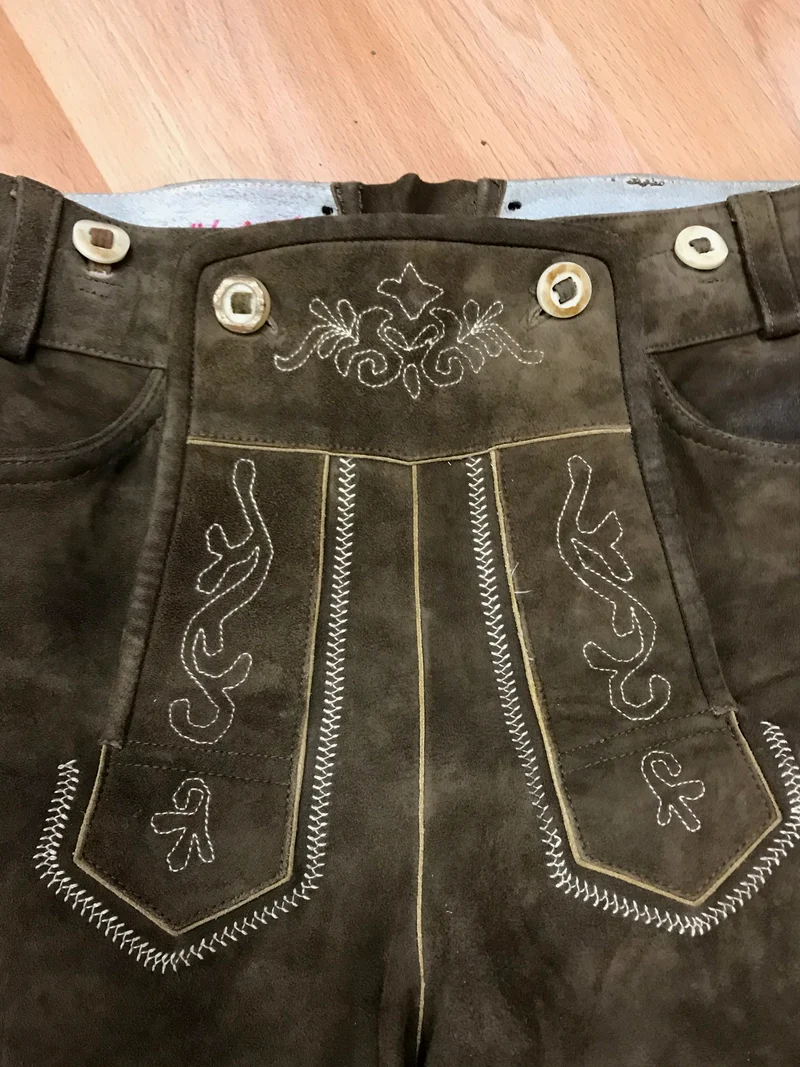 Vintage Trachten Lederhose Kniebund Distler – dunkelbraun, bestickt, Größe 50
