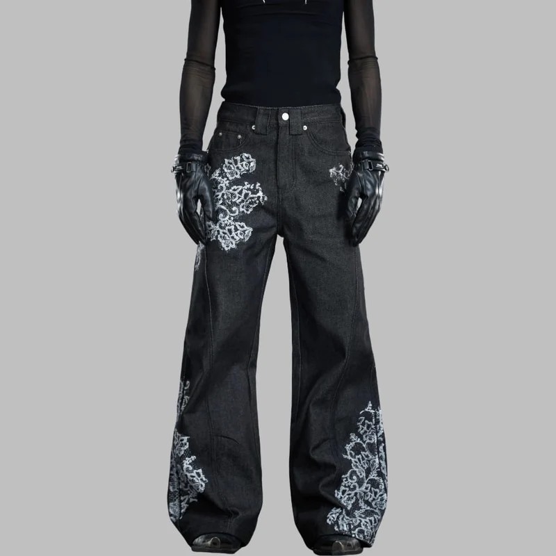 Grunge-Schlaghose für Damen mit Blumenmuster, bestickter Spitze und ausgestelltem Bein