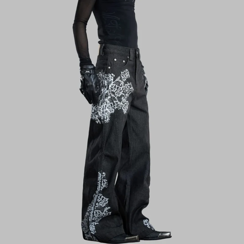 Grunge-Schlaghose für Damen mit Blumenmuster, bestickter Spitze und ausgestelltem Bein
