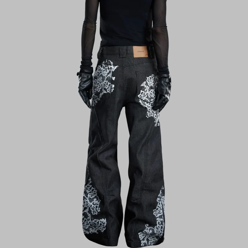 Grunge-Schlaghose für Damen mit Blumenmuster, bestickter Spitze und ausgestelltem Bein