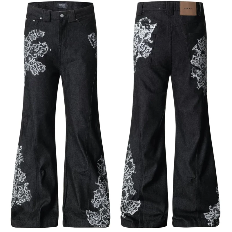 Grunge-Schlaghose für Damen mit Blumenmuster, bestickter Spitze und ausgestelltem Bein