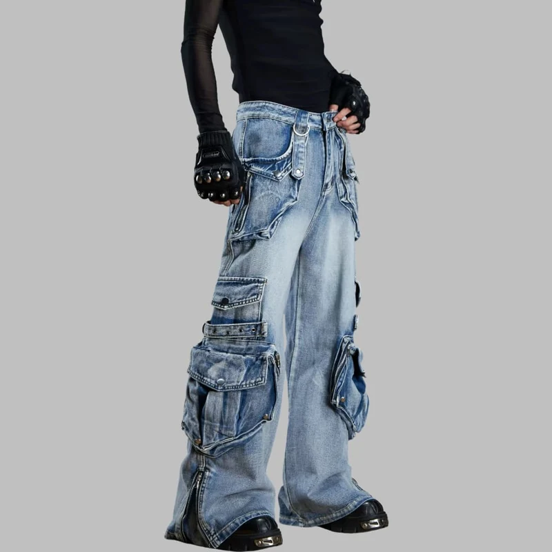 Damen-Hose mit weitem Bein, Grunge-Grafikprint und abnehmbarem Taillengürtel