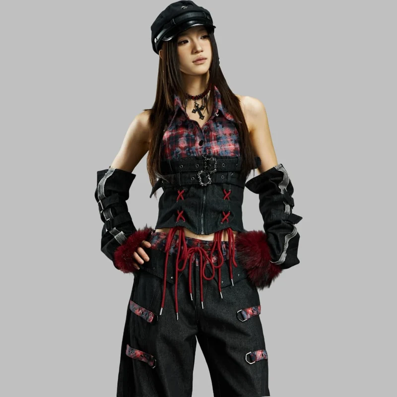 Grunge-Crop-Top mit Schnallenriemen, Karomuster und Ärmeln für Damen