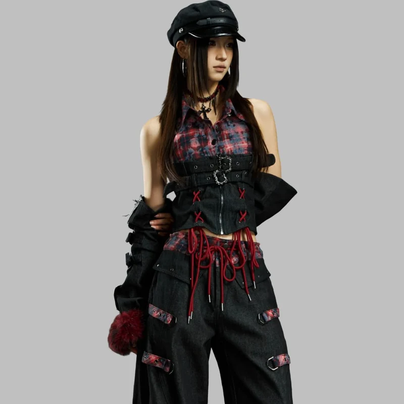 Grunge-Crop-Top mit Schnallenriemen, Karomuster und Ärmeln für Damen