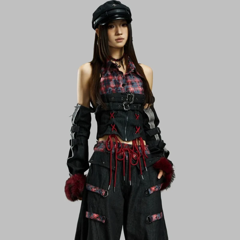Grunge-Crop-Top mit Schnallenriemen, Karomuster und Ärmeln für Damen