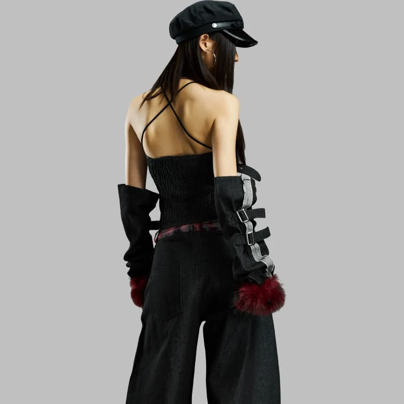 Grunge-Crop-Top mit Schnallenriemen, Karomuster und Ärmeln für Damen