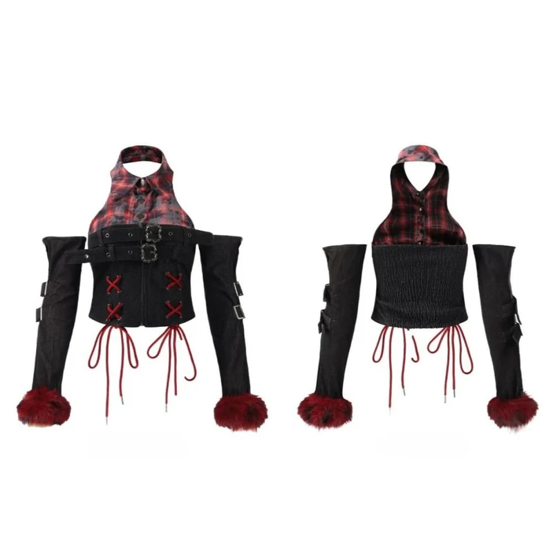 Grunge-Crop-Top mit Schnallenriemen, Karomuster und Ärmeln für Damen