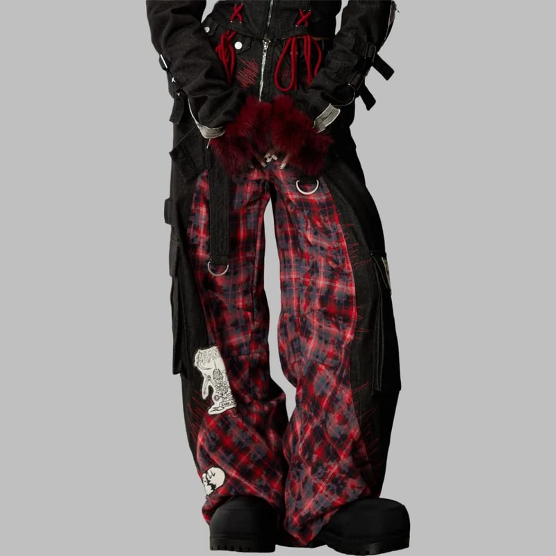 Grunge-Cargohose für Damen mit abnehmbarem Bund, Karomuster und Patchwork-Design