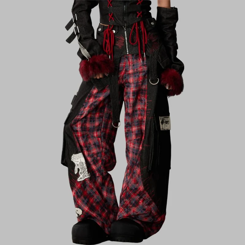Grunge-Cargohose für Damen mit abnehmbarem Bund, Karomuster und Patchwork-Design