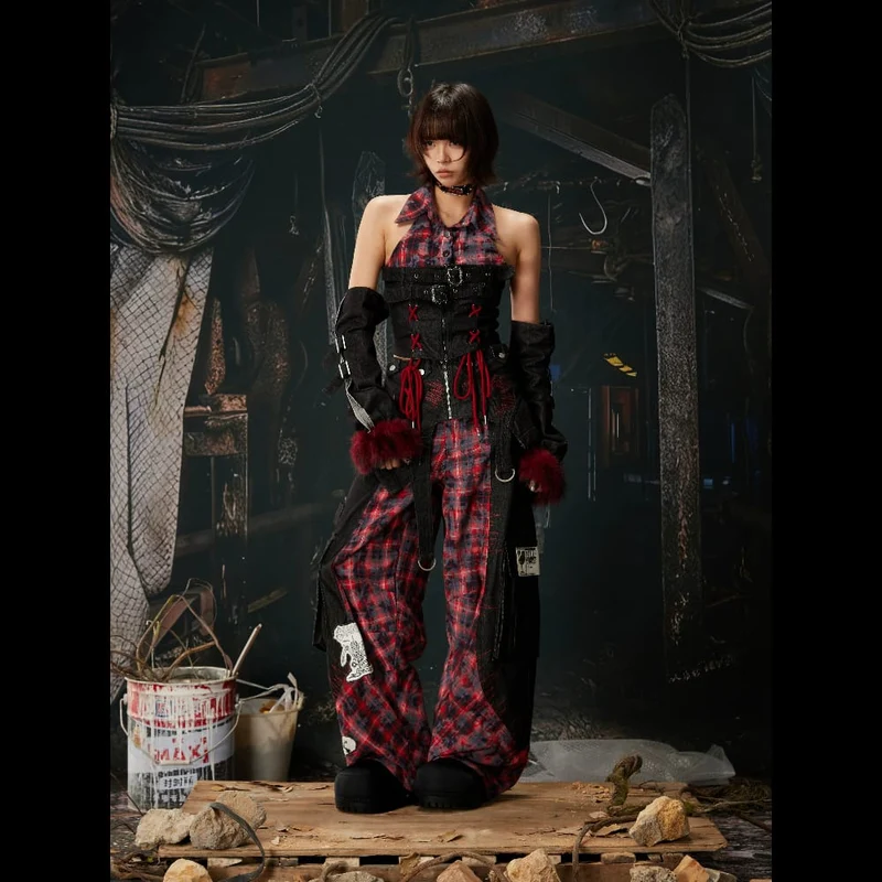 Grunge-Cargohose für Damen mit abnehmbarem Bund, Karomuster und Patchwork-Design