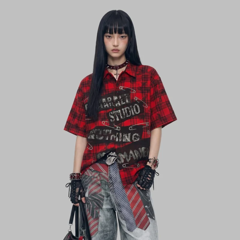 Unisex Grunge Karohemd mit Umlegekragen