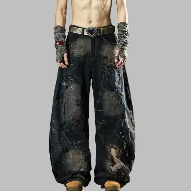 Grunge-Jeans mit Used-Look und Patchwork-Details, extra weitem Bein für Damen