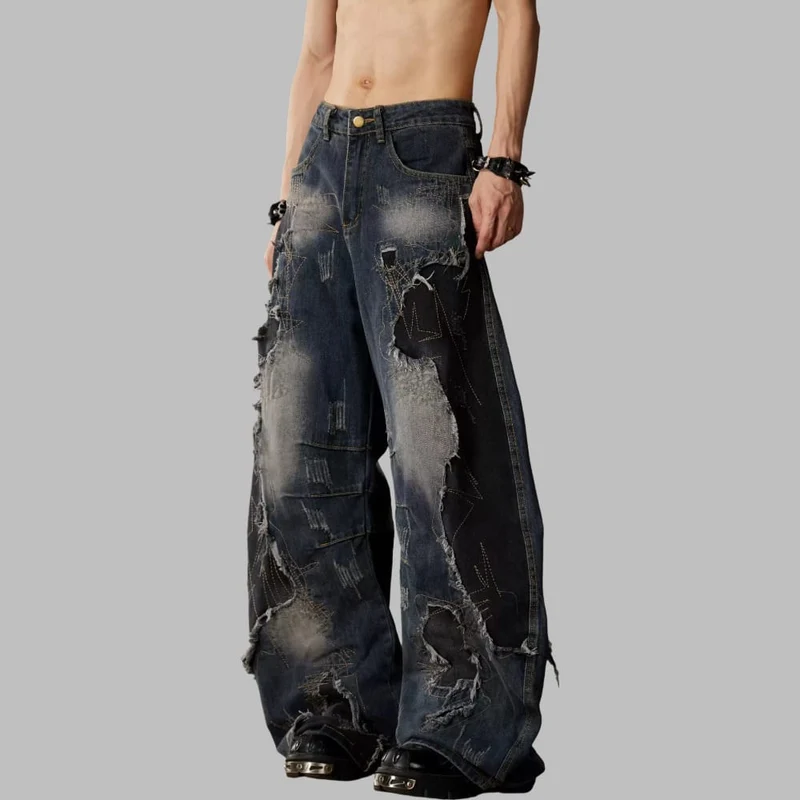 Grunge-Jeans mit Used-Look und Patchwork-Details, extra weitem Bein für Damen