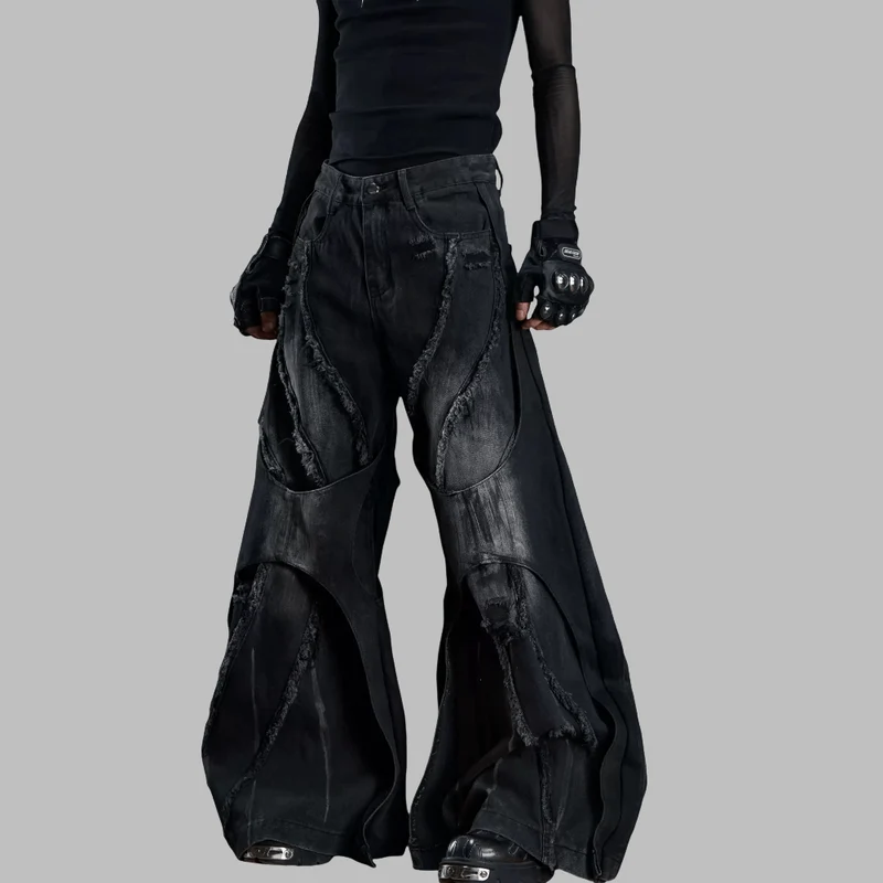Damen-Grunge-Hose mit offener Kante, doppellagig, ultraweit geschnitten