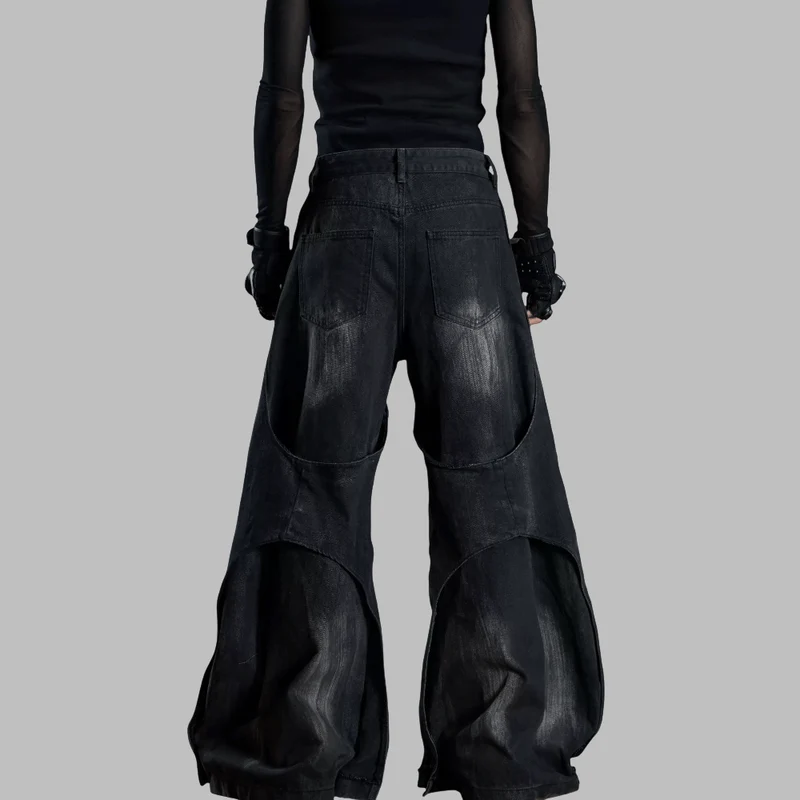 Damen-Grunge-Hose mit offener Kante, doppellagig, ultraweit geschnitten