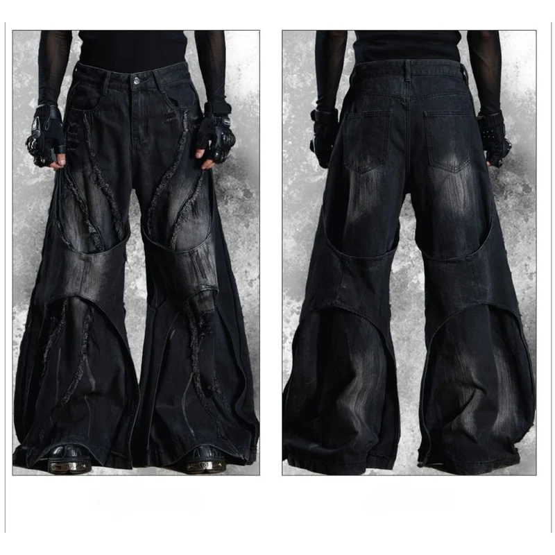 Damen-Grunge-Hose mit offener Kante, doppellagig, ultraweit geschnitten