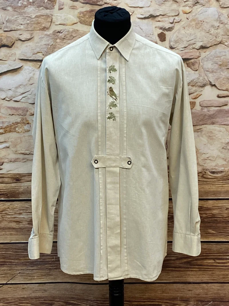 Vintage Trachtenhemd Herren naturbeige Stickerei Vogel Größe 40