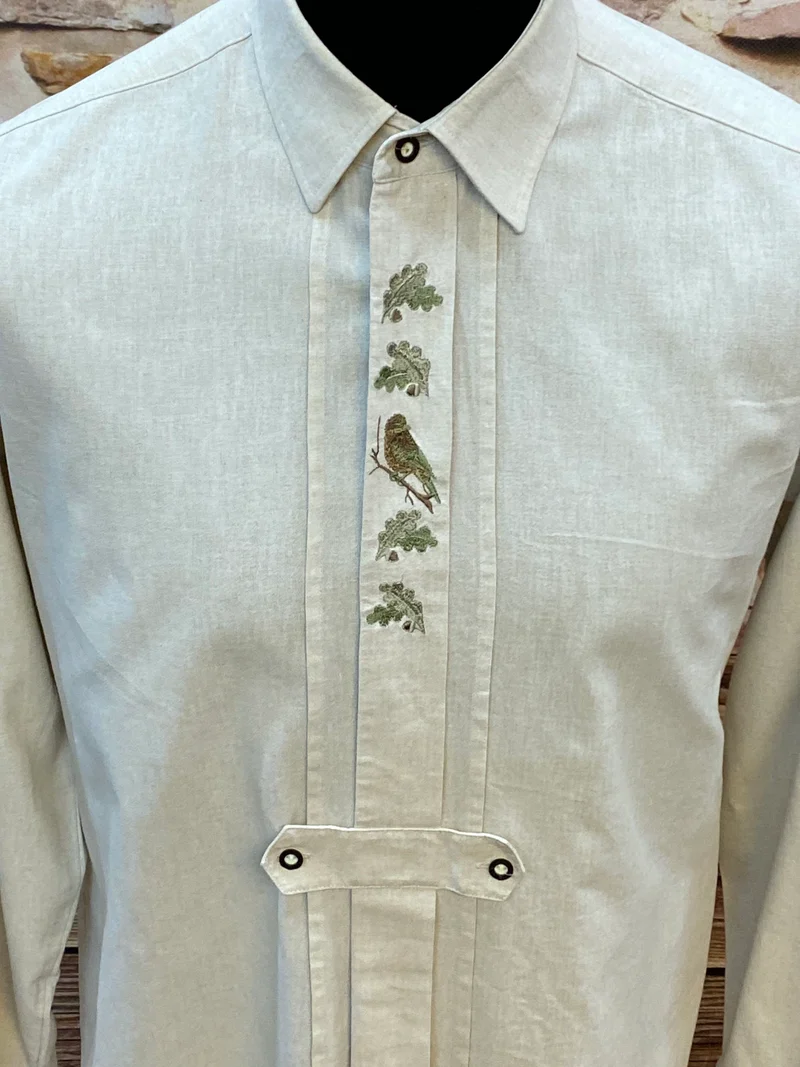 Vintage Trachtenhemd Herren naturbeige Stickerei Vogel Größe 40