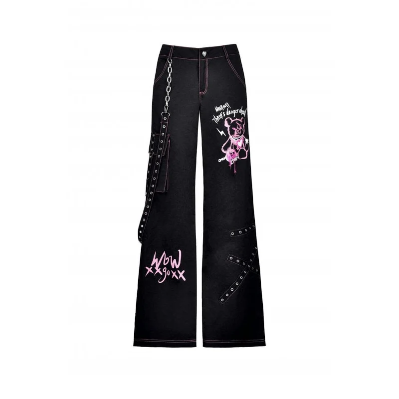 Grunge Dangerous Bear Schlaghose für Damen mit Gürtel
