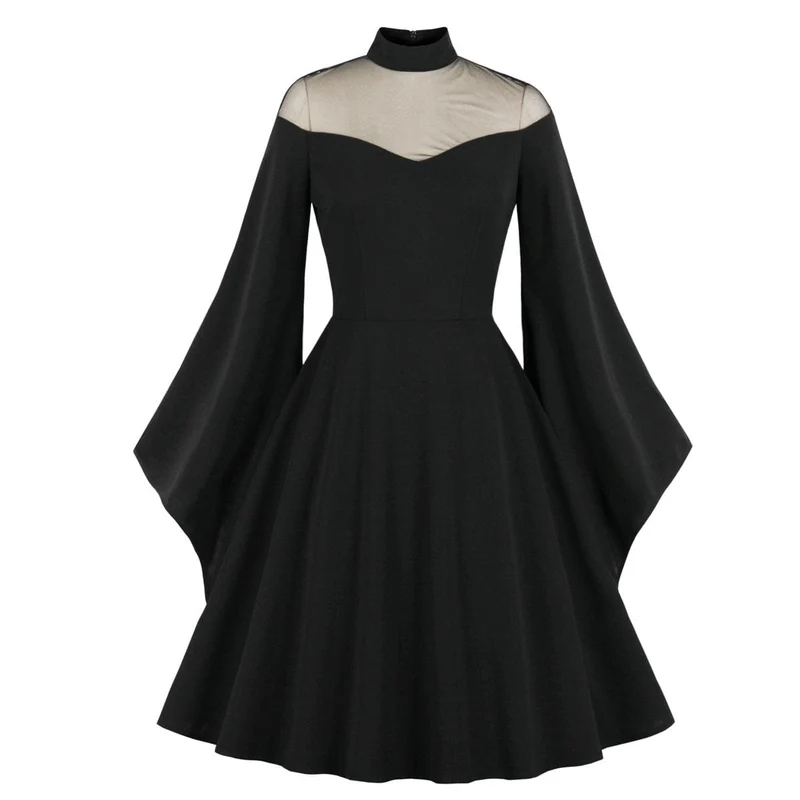 Gothic-Kleid mit Stehkragen und ausgestellten Ärmeln für Damen