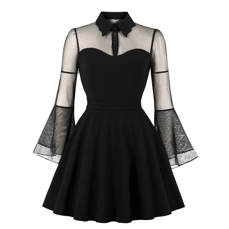 Gothic-Kleid mit ausgestellten Ärmeln und Netzstoff für Damen