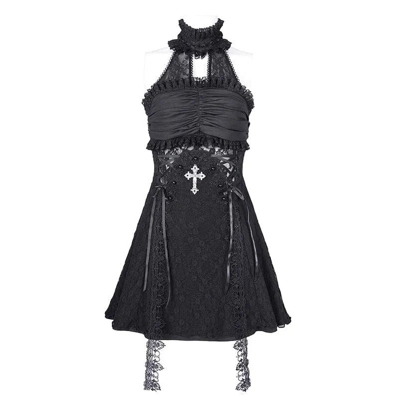 Gothic-Neckholder-Kleid mit Cut-outs, Rüschen und Spitze, kurzes Abschlusskleid für Damen