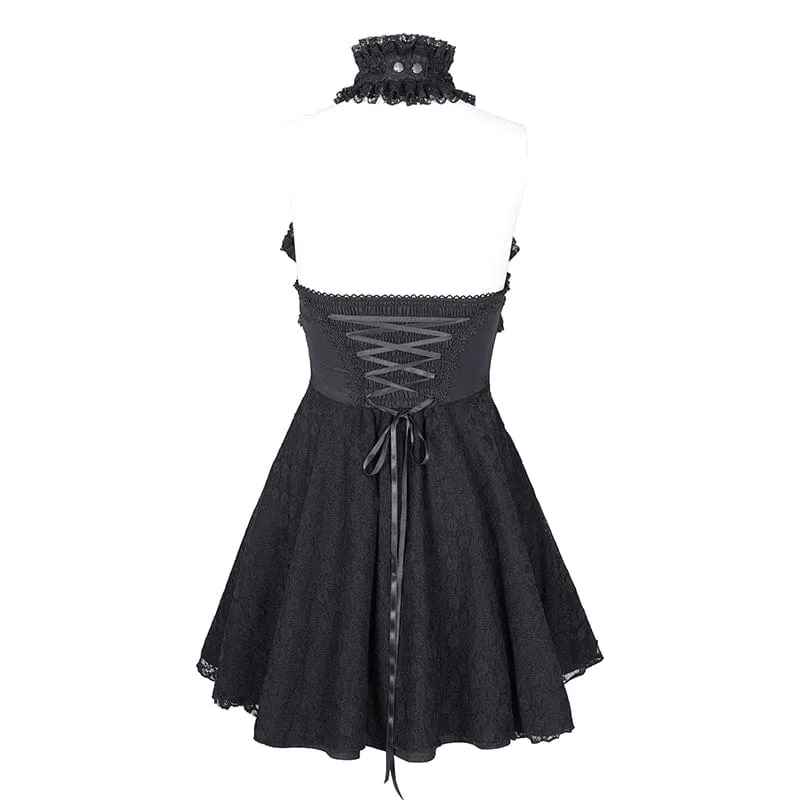 Gothic-Neckholder-Kleid mit Cut-outs, Rüschen und Spitze, kurzes Abschlusskleid für Damen
