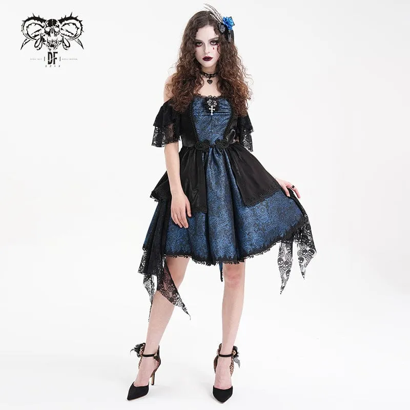 Gothic-Kleid für Damen mit Schnürung, Neckholder, asymmetrischem Saum, Abschlusskleid, blau