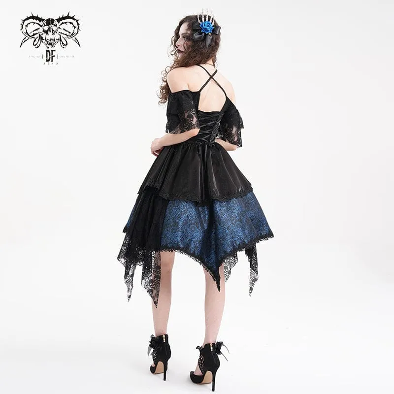 Gothic-Kleid für Damen mit Schnürung, Neckholder, asymmetrischem Saum, Abschlusskleid, blau