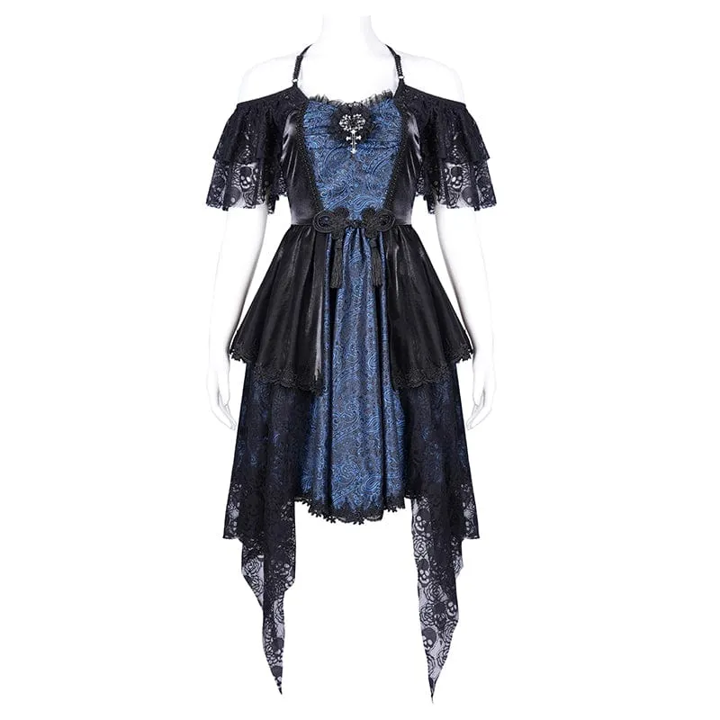 Gothic-Kleid für Damen mit Schnürung, Neckholder, asymmetrischem Saum, Abschlusskleid, blau