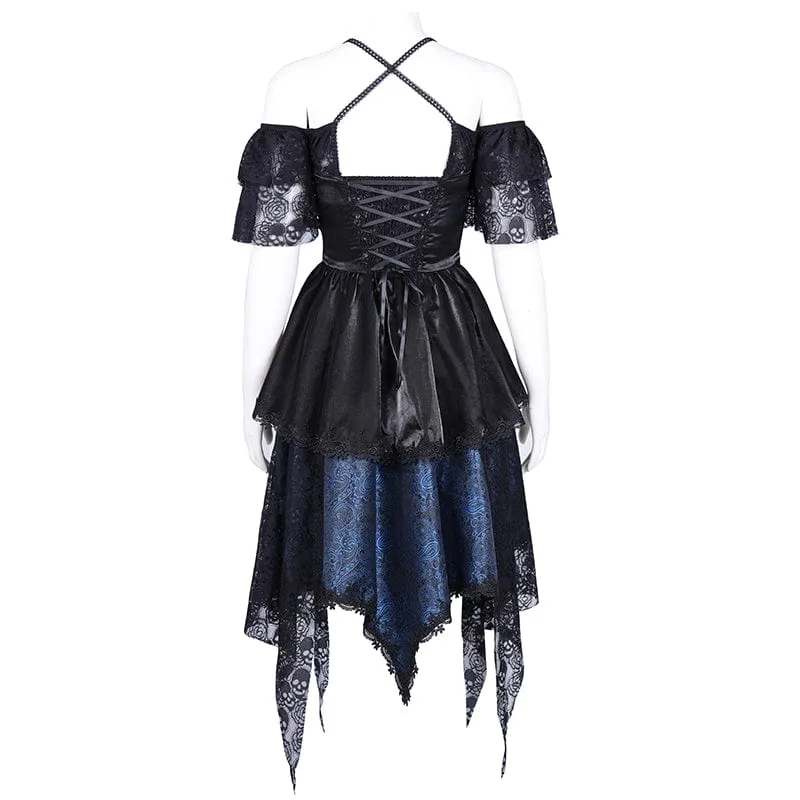 Gothic-Kleid für Damen mit Schnürung, Neckholder, asymmetrischem Saum, Abschlusskleid, blau