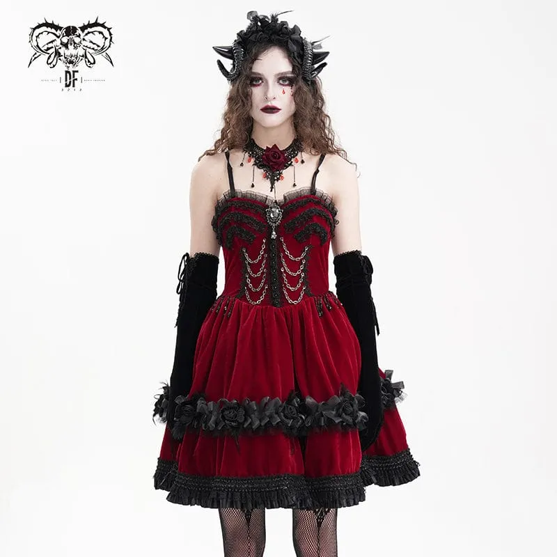 Rotes, kurzes Gothic-Kleid mit Kettenrüschen und Spitze für Damen, ideal für Abschlussfeiern