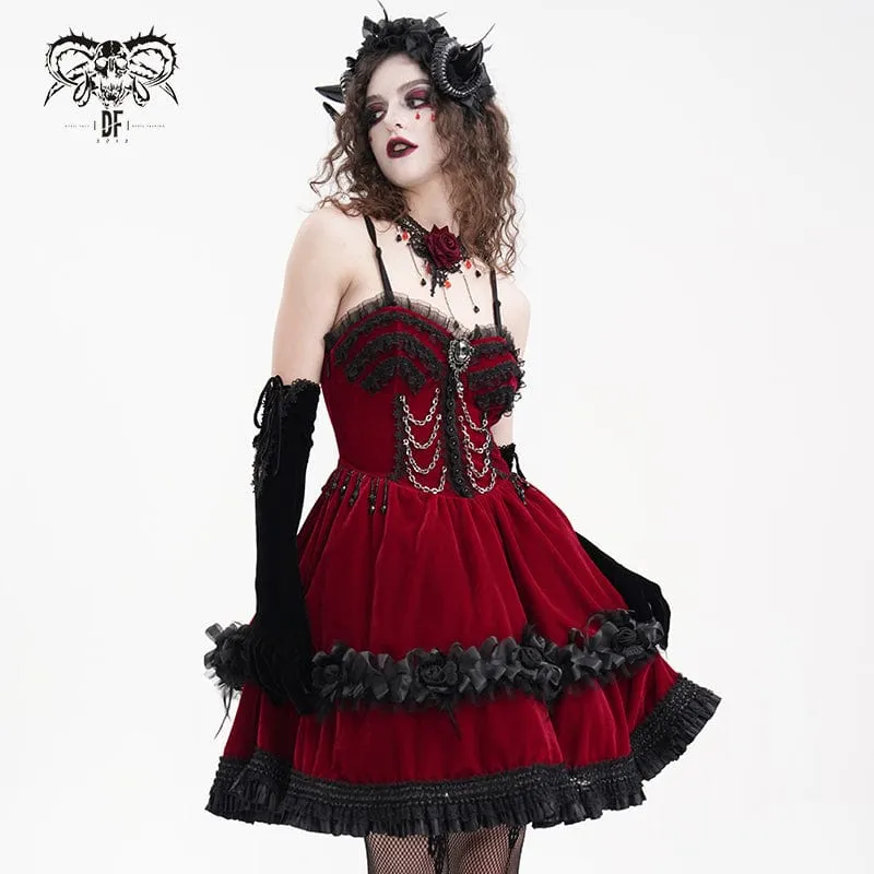 Rotes, kurzes Gothic-Kleid mit Kettenrüschen und Spitze für Damen, ideal für Abschlussfeiern
