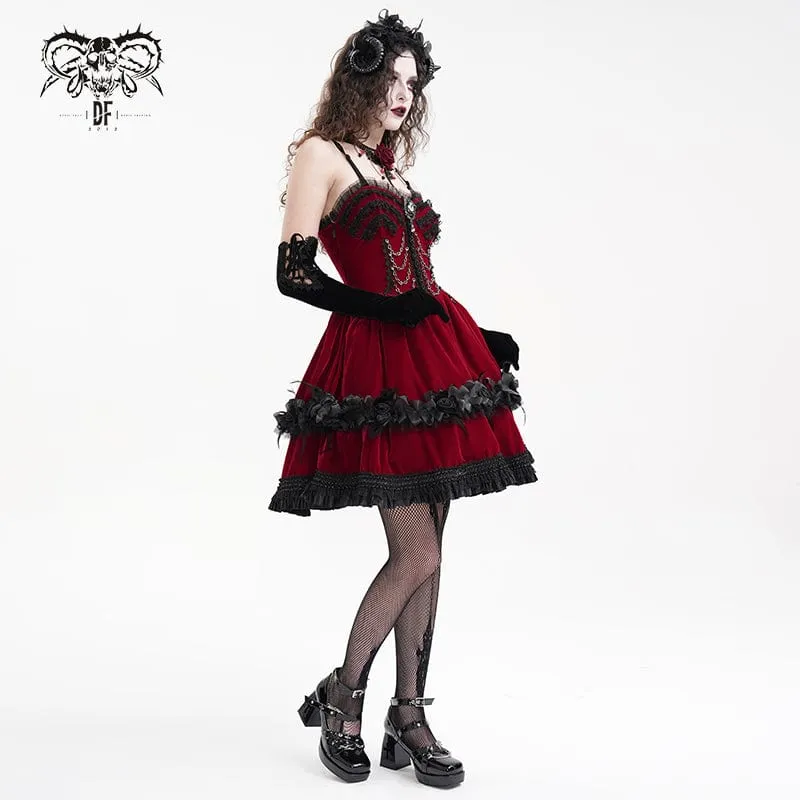 Rotes, kurzes Gothic-Kleid mit Kettenrüschen und Spitze für Damen, ideal für Abschlussfeiern