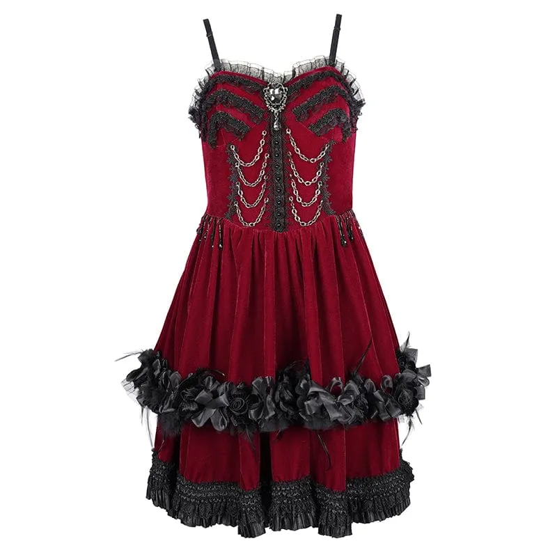 Rotes, kurzes Gothic-Kleid mit Kettenrüschen und Spitze für Damen, ideal für Abschlussfeiern