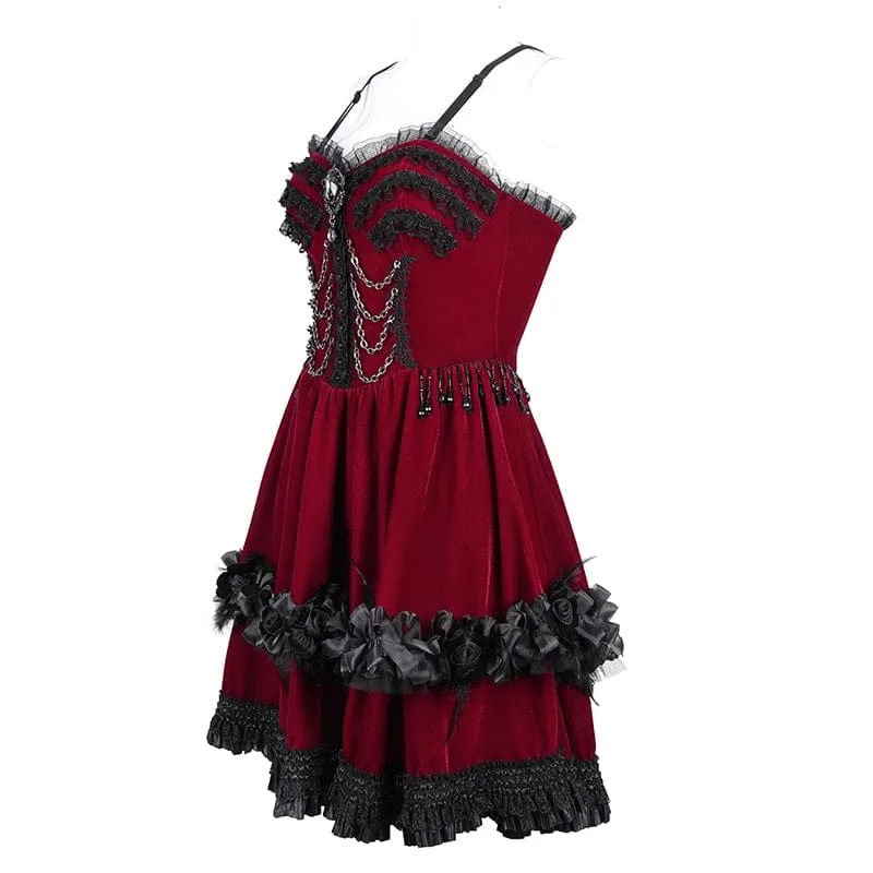 Rotes, kurzes Gothic-Kleid mit Kettenrüschen und Spitze für Damen, ideal für Abschlussfeiern