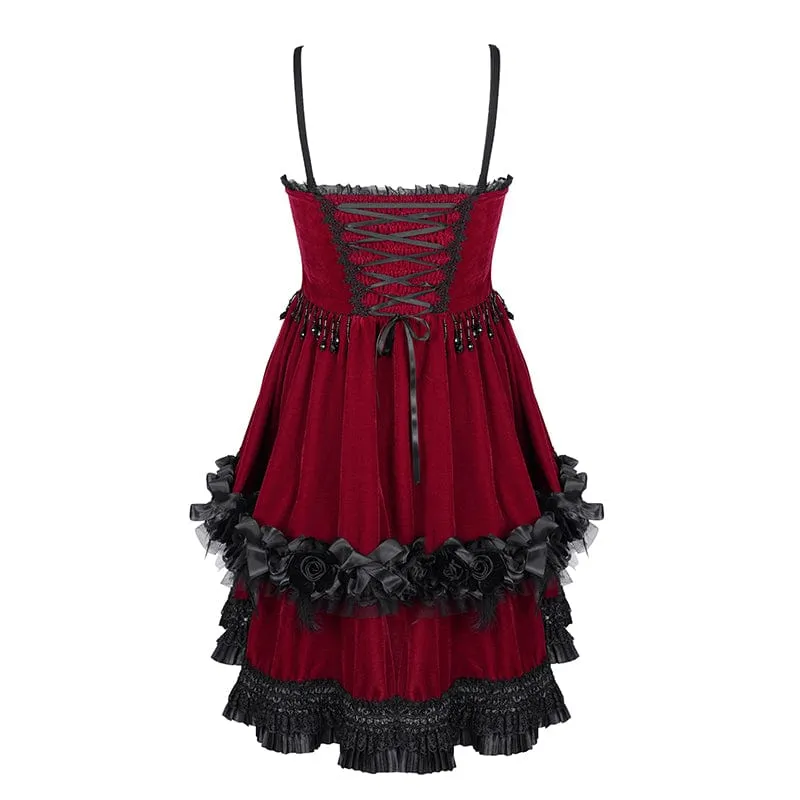 Rotes, kurzes Gothic-Kleid mit Kettenrüschen und Spitze für Damen, ideal für Abschlussfeiern