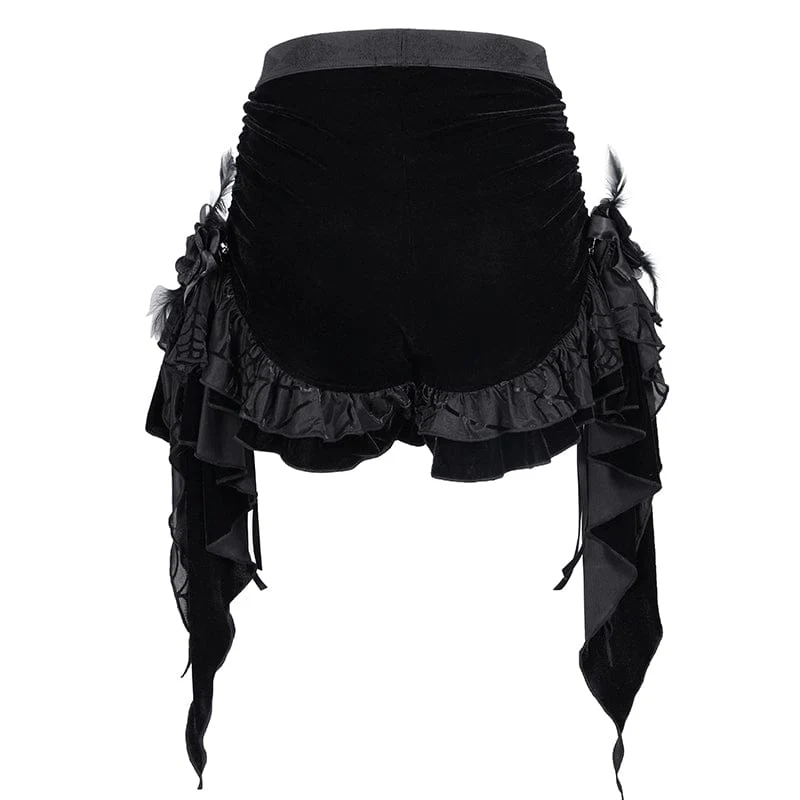 Gothic-Shorts aus gerüschtem Mesh mit Federn für Damen