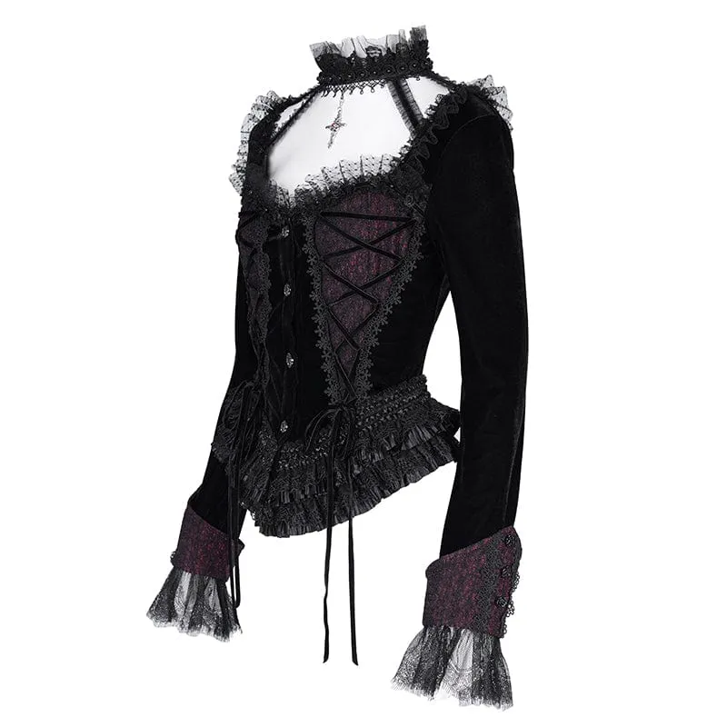 Gothic-Langarmshirts mit Rüschen und Schnürung aus Mesh für Damen