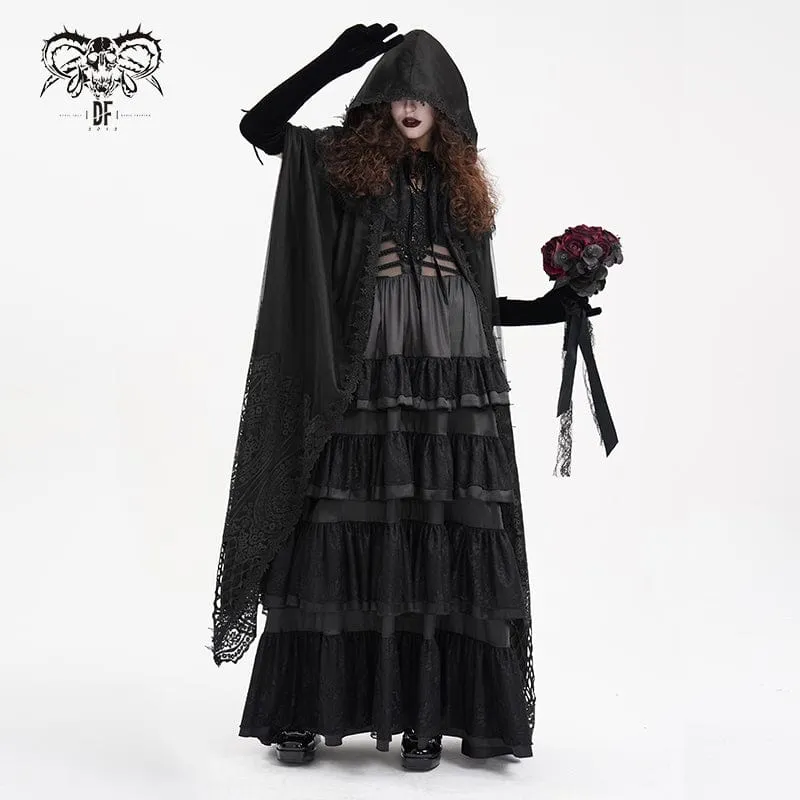 Gothic-Umhang aus Netzstoff mit Spitzenquasten und Kapuze für Damen