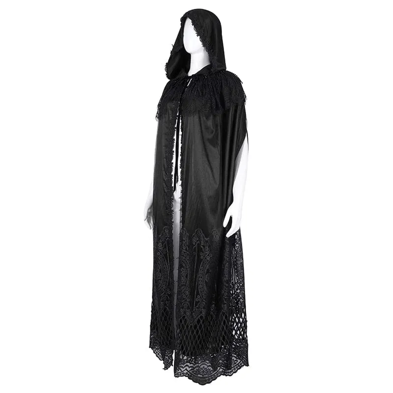 Gothic-Umhang aus Netzstoff mit Spitzenquasten und Kapuze für Damen
