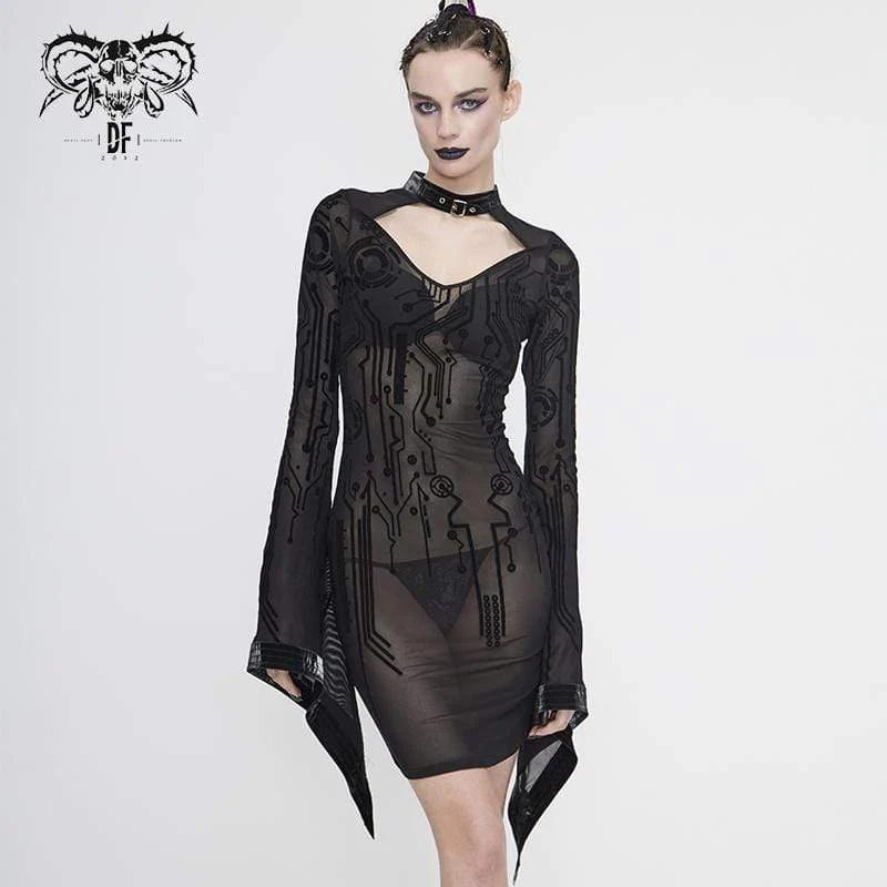 Frauen Gothic Black Sheer Lace lange Tulpenärmel kurze Etuikleider