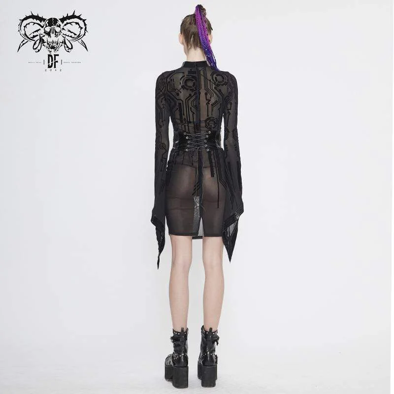 Frauen Gothic Black Sheer Lace lange Tulpenärmel kurze Etuikleider