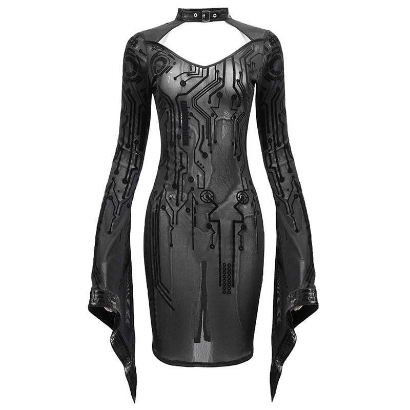 Frauen Gothic Black Sheer Lace lange Tulpenärmel kurze Etuikleider
