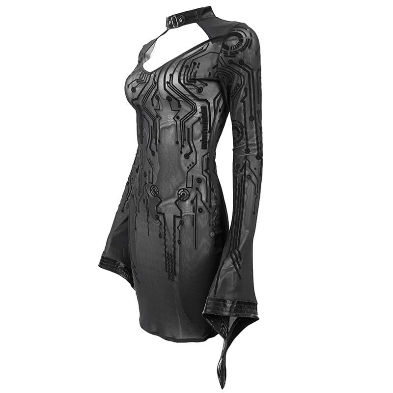 Frauen Gothic Black Sheer Lace lange Tulpenärmel kurze Etuikleider