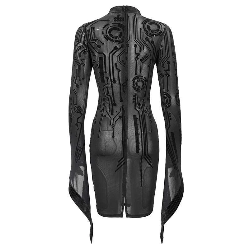 Frauen Gothic Black Sheer Lace lange Tulpenärmel kurze Etuikleider