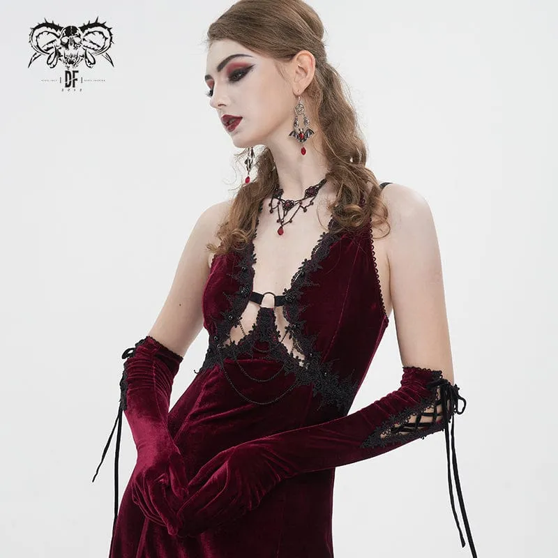 Damen-Gothic-Schnürhandschuhe aus Samt mit Spitzensaum in Rot