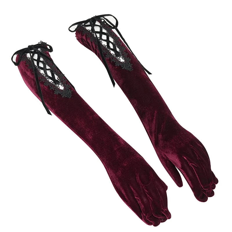 Damen-Gothic-Schnürhandschuhe aus Samt mit Spitzensaum in Rot